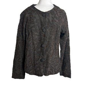 Chicos Womens Jacket Size 1 Beaded Applique Chocolate Brown Button Front Evening
